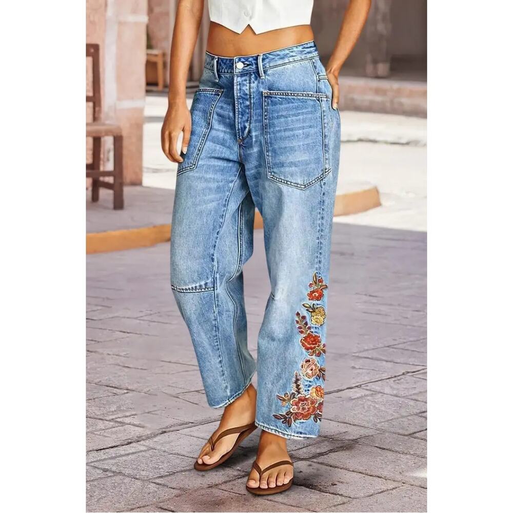 Flamingals Floral Embroidered Barrel Leg Crop Jeans L - Artisan Boutique Denim